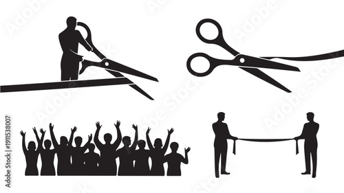 Vector Illustration Of Silhouette Scissors Cutting Paper And Ribbon With Crowd Cheering For Business And Marketing Concept