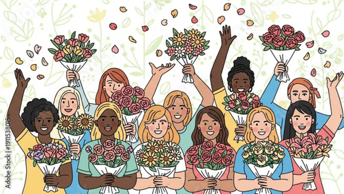 Diverse group of women celebrating with bouquets of colorful flowers and throwing petals in the air happily