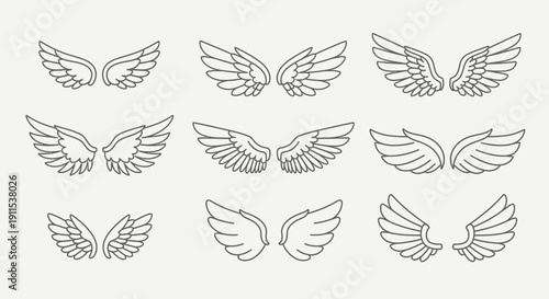 Angel wing outline icon set featuring multiple wing styles and shapes. 