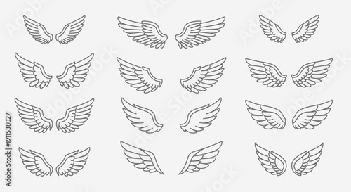 Angel wing outline icon set featuring multiple wing styles and shapes. 