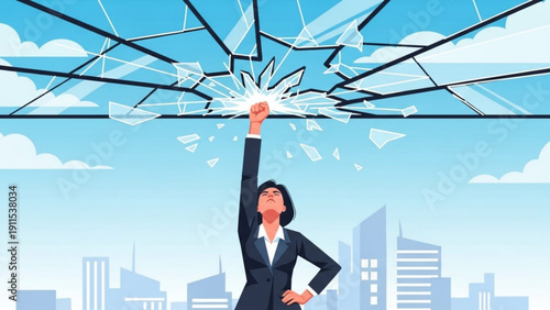 Confident businesswoman breaking through glass ceiling with empowered gesture in cityscape