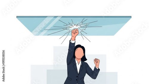 Woman in business suit breaking through glass ceiling with fist symbolizing empowerment and career advancement opportunities