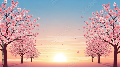 Pink cherry blossom trees at sunset with vibrant sky and falling petals in serene landscape