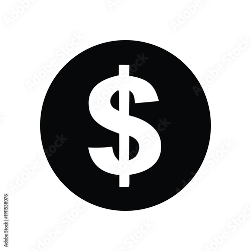 A simple, bold black and white icon featuring a prominent white dollar sign symbol centered within a solid black circle, representing currency and finance