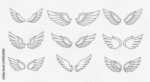 Angel wing outline icon set featuring multiple wing styles and shapes. 