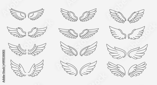 Angel wing outline icon set featuring multiple wing styles and shapes. 