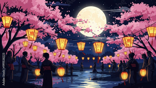 People walk under blooming pink cherry blossom trees with lanterns at night under full moon