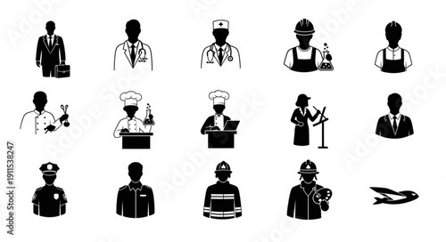 Collection of diverse professional occupation icons silhouette.
