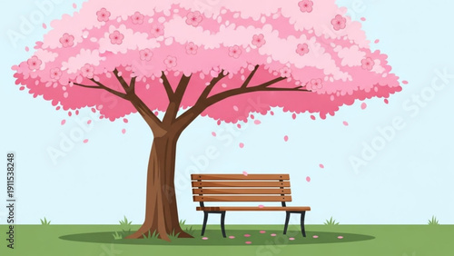 Serene park scene with blooming cherry blossom tree and wooden bench on green grass under clear blue sky