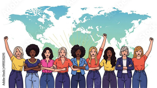 Diverse women standing united with fists raised in solidarity and strength against a world map background