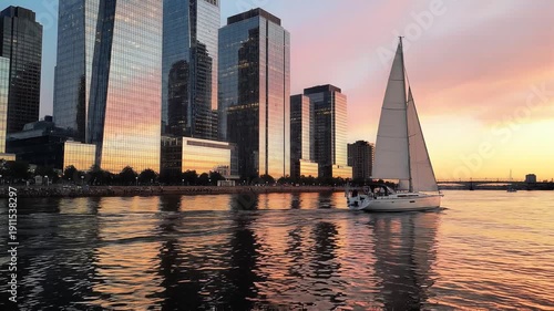 Sunset sailboat gliding on calm water beside a vibrant city skyline, captured from a low horizon view showcasing sky, water, sailboat, city, sunset