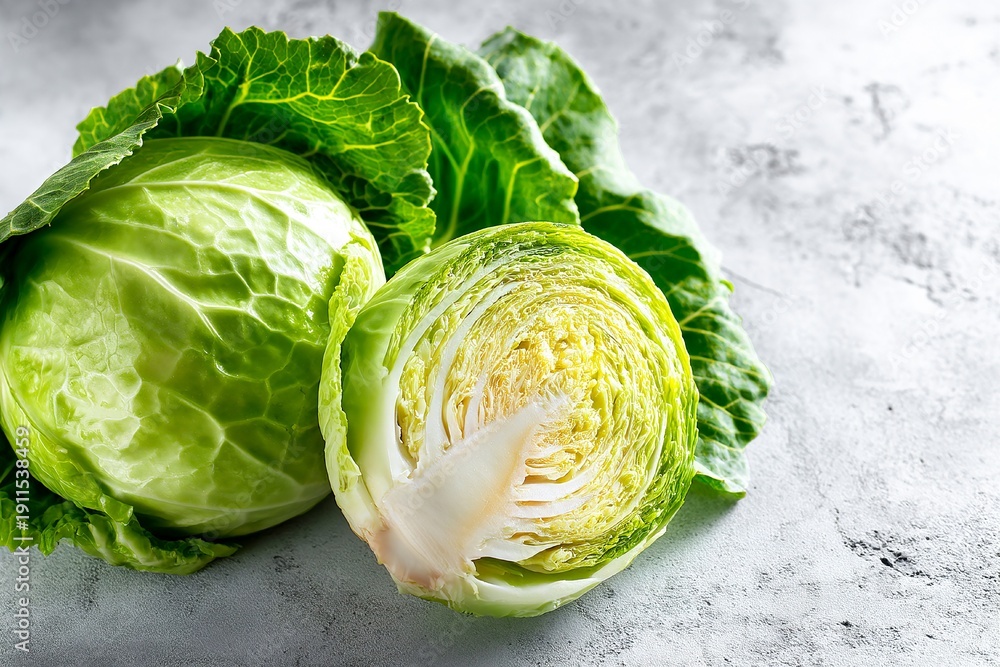 Obraz premium Fresh green cabbage sliced in half with leaves on a gray background Generative AI