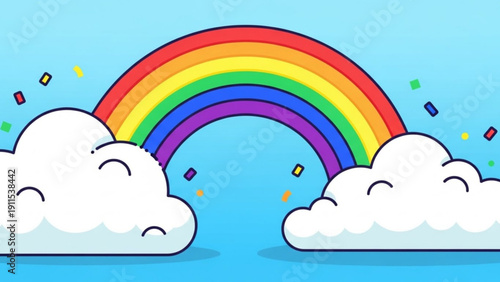Smiling clouds and colorful rainbow with confetti on blue background symbolizing happiness and celebration