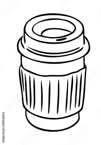 Disposable coffee cup with lid in black and white outline isolated on background. Concept of takeaway drink, caffeine break, morning routine and street beverage culture