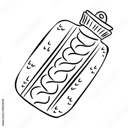Rubber hot water bottle with cap in black and white outline isolated on background. Concept of pain relief, warmth therapy, healthcare and home comfort treatment
