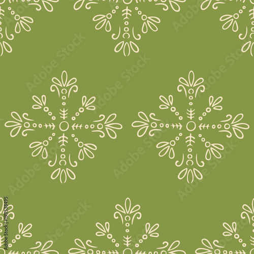 Seamless floral ornament pattern with folk snowflake motif in beige on green background. Concept of eco wrapping paper, textile print, decorative surface and natural style design