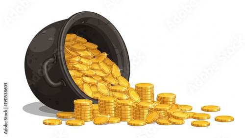 Spilled black pot filled with gold coins on white background symbolizing wealth and prosperity