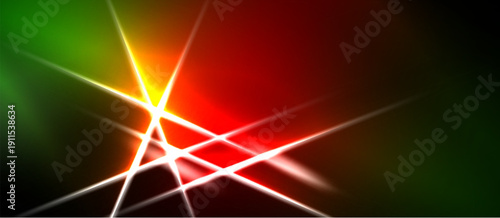 Abstract vibrant light streaks. Red, green, yellow hues dominate dark background. Dynamic energy radiates from central point.
