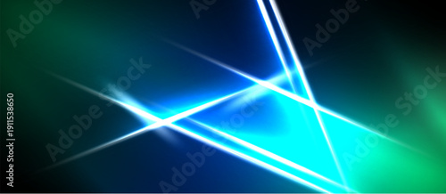 Abstract bright lines intersect, creating dynamic triangular shapes. Vivid blues, greens dominate dark background. Energy radiates.