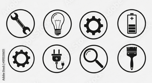 Set of eight black and white icons for business and technology concepts on a light gray background
