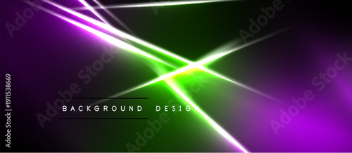 Abstract neon lights create vibrant purple, green glow. Diagonal lines intersect, forming dynamic visual effect. Background design suggests energy, modernity.