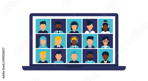 Diverse group of people on a video conference call on a laptop remote meeting online communication virtual team collaboration teamwork business technology internet connectivity
