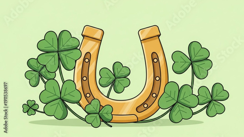 Golden horseshoe with green clover leaves on light green background symbolizing good luck and fortune