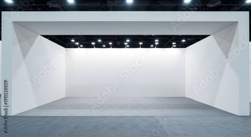 Empty white exhibition booth with bright lights and blank walls ideal for product launches and trade show displays with modern industrial background