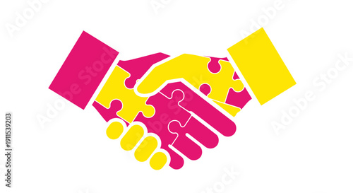 Business partnership hands shaking puzzle pieces cooperation agreement