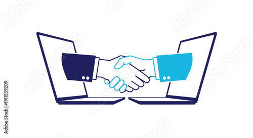 Business partnership and technology collaboration concept with handshake between two laptops