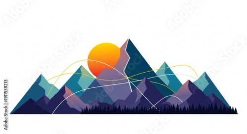 Vibrant mountain range landscape with colorful peaks sunset and abstract lines on a white background evoking a sense of adventure and serenity in nature