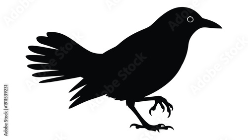 A black silhouette of a bird standing on one leg, with wings slightly spread. Vector