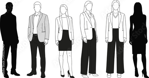 Collection of business professional silhouettes and line art figures of men and women in suits for corporate office teamwork designs