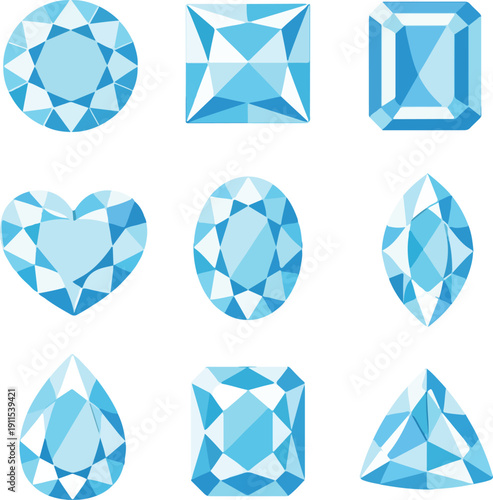 Diamond Gem Icon Collection Flat Vector Illustration featuring Assorted Brilliant Cut Jewels and Precious Stone Symbols for Jewelry Branding and Luxury Digital UI Design
