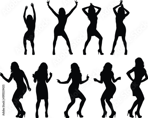Collection of black silhouettes of women dancing and posing in dresses for nightlife parties, fashion events, clubbing posters, and celebrations