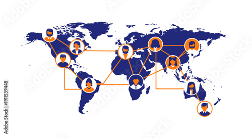 Global business network connections worldwide map with people icons