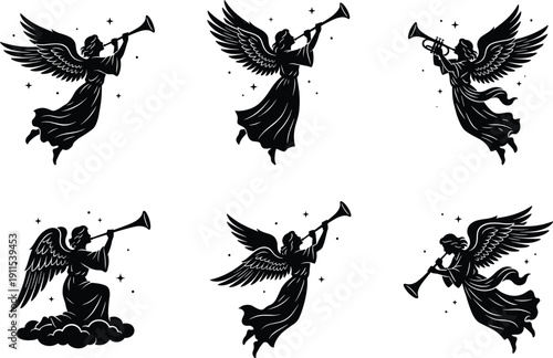 Set of black angel silhouettes blowing trumpets with wings and stars for religious christmas cards, funeral memorials, and heavenly spiritual designs