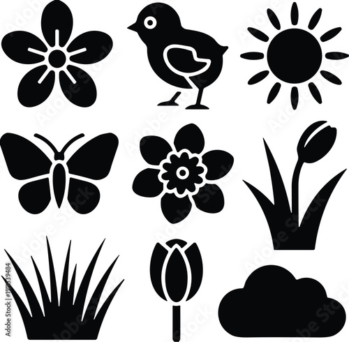 Spring nature silhouette collection with flower, bird, sun, butterfly, tulip, grass and cloud icons for easter decor and vinyl cutting crafts