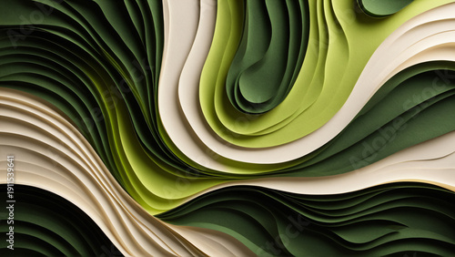 Abstract 3D Green Paper Cut Background with Organic Wavy Layers