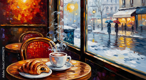 Oil painting of Parisian cafe with hot chocolate and croissant in winter