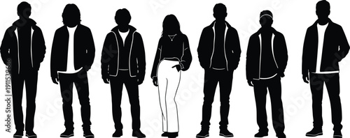 Minimalist black silhouette vector collection of diverse business people, casual young adults, and people with umbrellas for lifestyle and corporate design