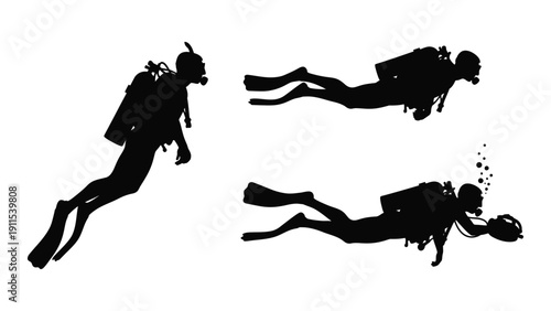 Three scuba divers exploring the underwater world in different positions. Vector