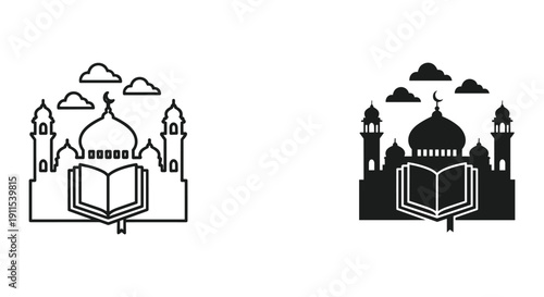 Islamic Mosque and Quran Icon Set with Cloud and Crescent Moon