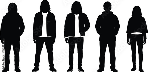 Minimalist vector line art illustration of diverse young men and women in trendy casual outfits standing together for lifestyle concept