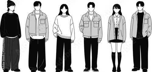 Minimalist vector line art illustration of diverse young men and women in trendy casual outfits standing together for lifestyle concept
