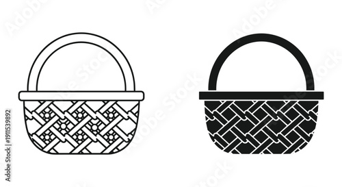 Black and white handbag illustration with woven pattern and handle