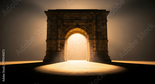 Ethereal golden light breaks through a majestic stone archway, highlighting its grand silhouette against a shadowy, atmospheric backdrop, suggesting a mystical passage