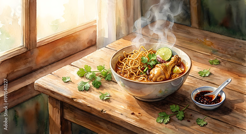 Watercolor painting of khao soi thai curry noodle soup