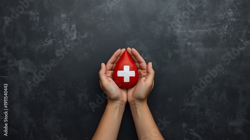 American Red Cross Month Caucasian female hands holding red first aid box on dark textured background