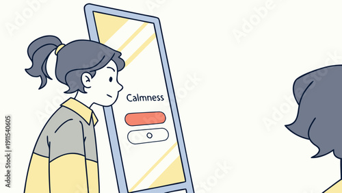 Mindful Reflection: A cartoon woman gazes into a digital mirror, contemplating an option of Calmness, symbolizing the pursuit of serenity and inner peace.